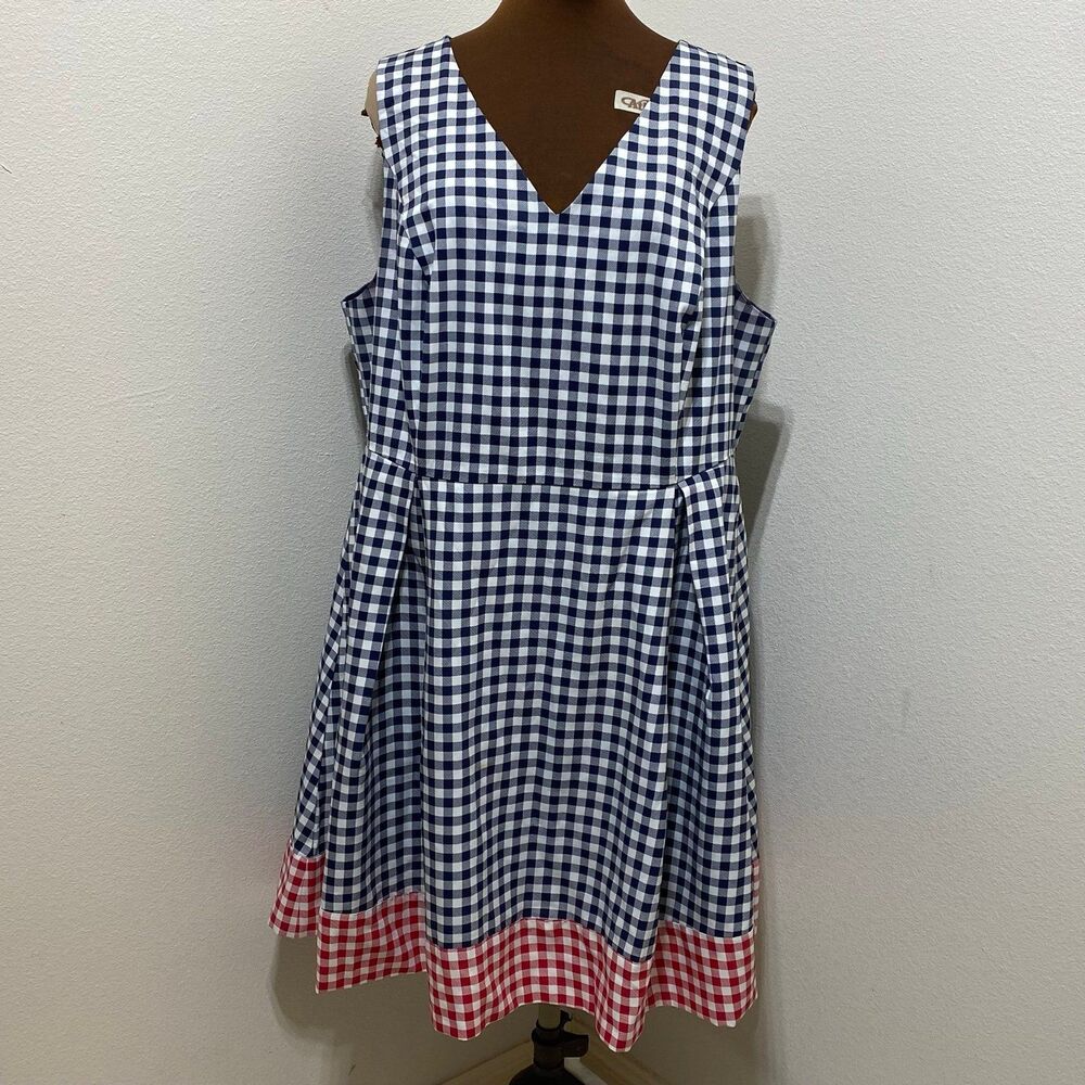 Draper James Eloquii Navy Red White Gingham Blocked Fit Flare Dress 20